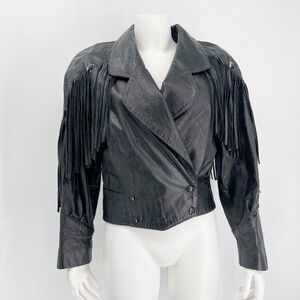 Vintage G-III Black Fringe Leather Jacket Snap Front Moto Style Size M Womens